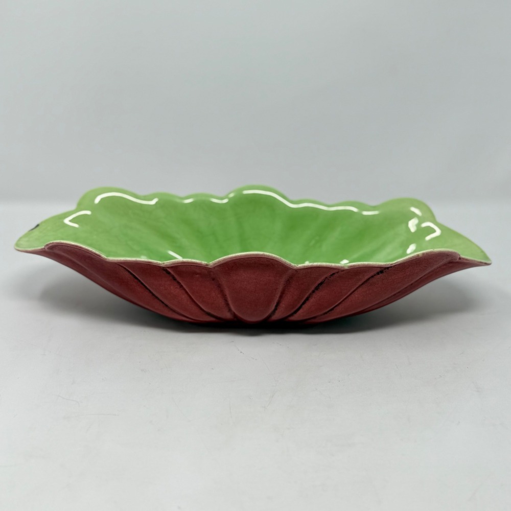 Cemar 662 Vintage Scalloped Ceramic Bowl Burgundy Green California Pottery MCM